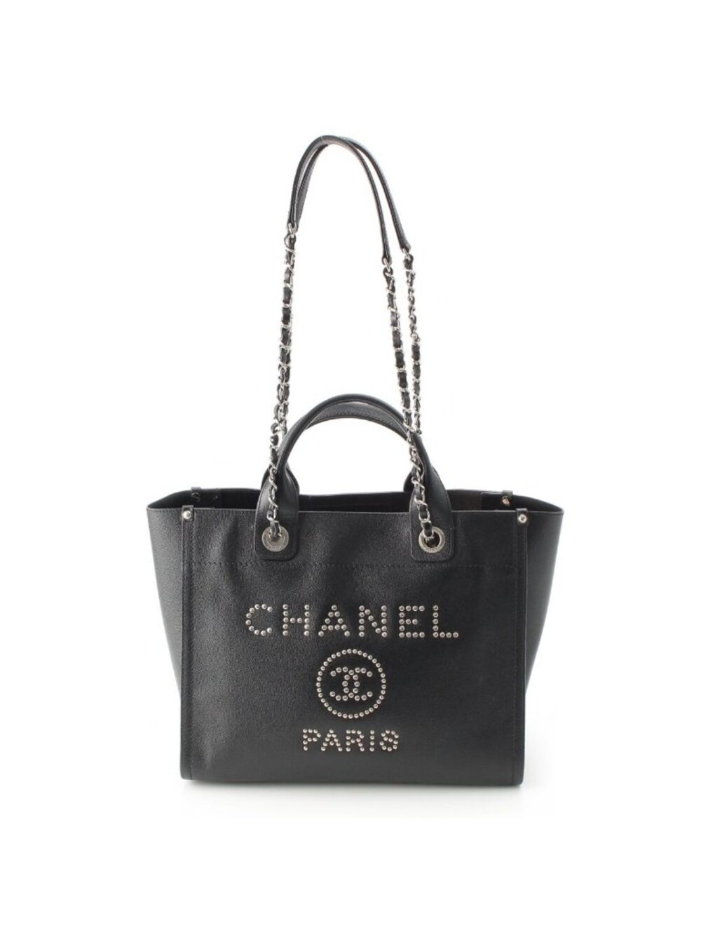 Chanel 25 Deauville Caviar Leather Tote CC Logo Silver Black
